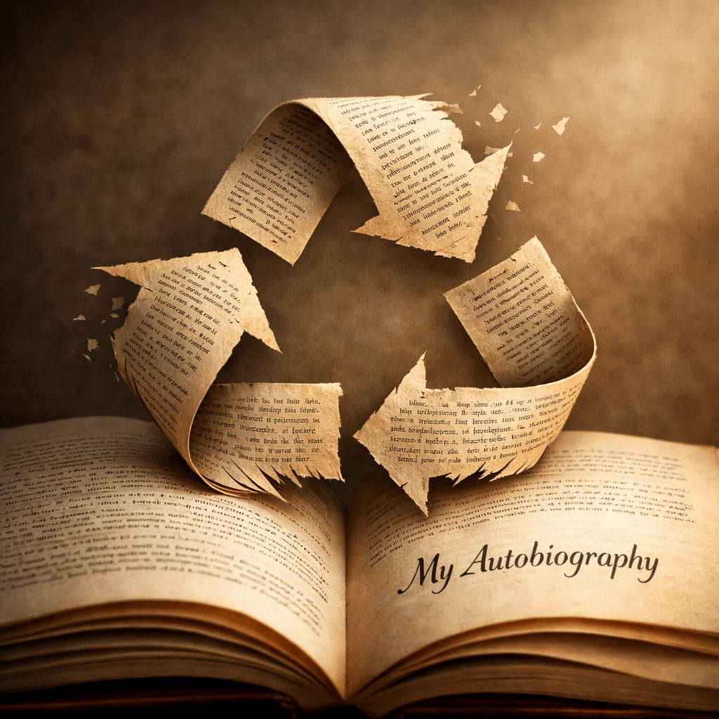 Open book titled 'My Autobiography' with floating torn pages forming a recycling symbol