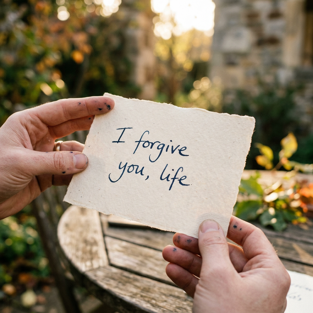 Handwritten note reading 'I forgive you, life' held by two hands with ink stains