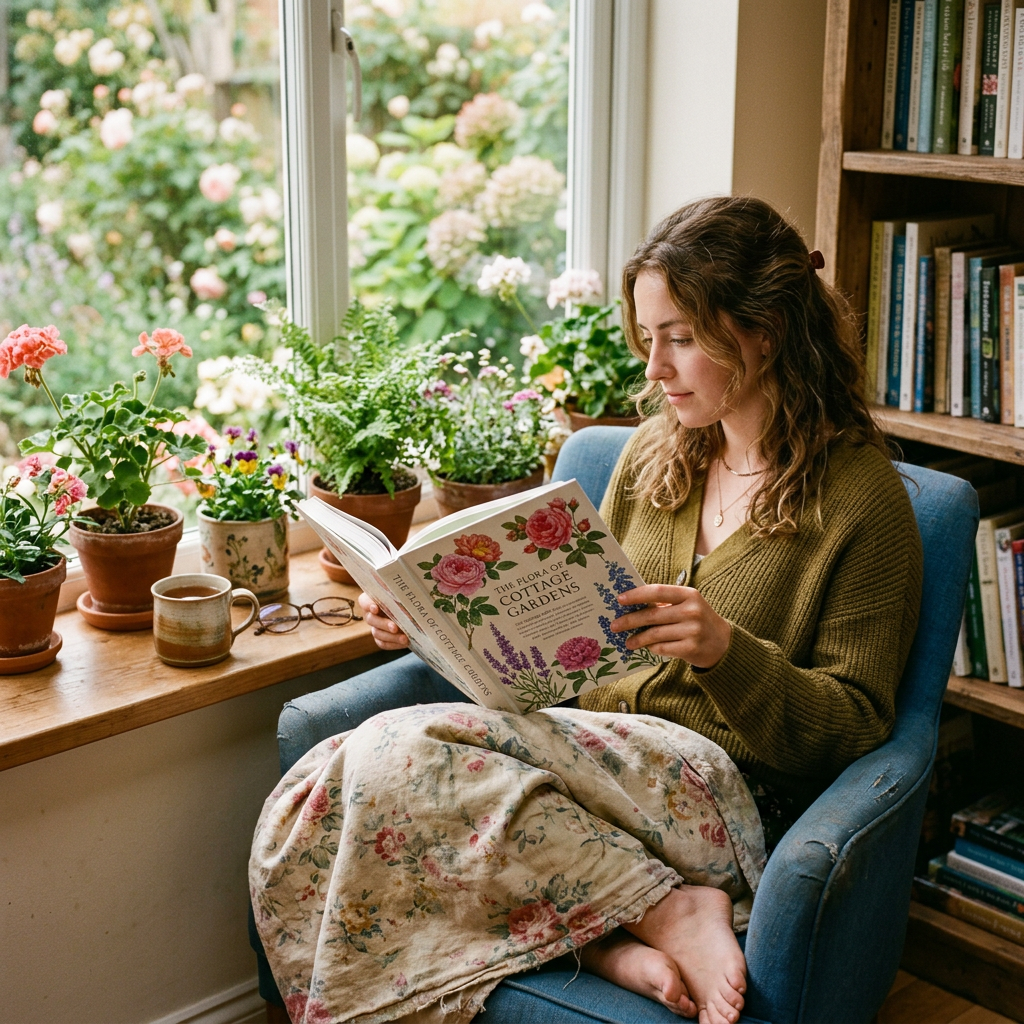 Woman sitting in a chair reading a gardening book next to a window with potted plants and a cup of tea