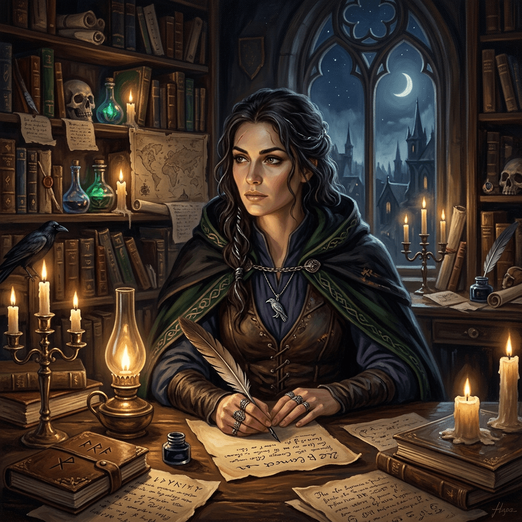 Woman in medieval clothing writing with a quill at candlelit desk surrounded by books and magical items